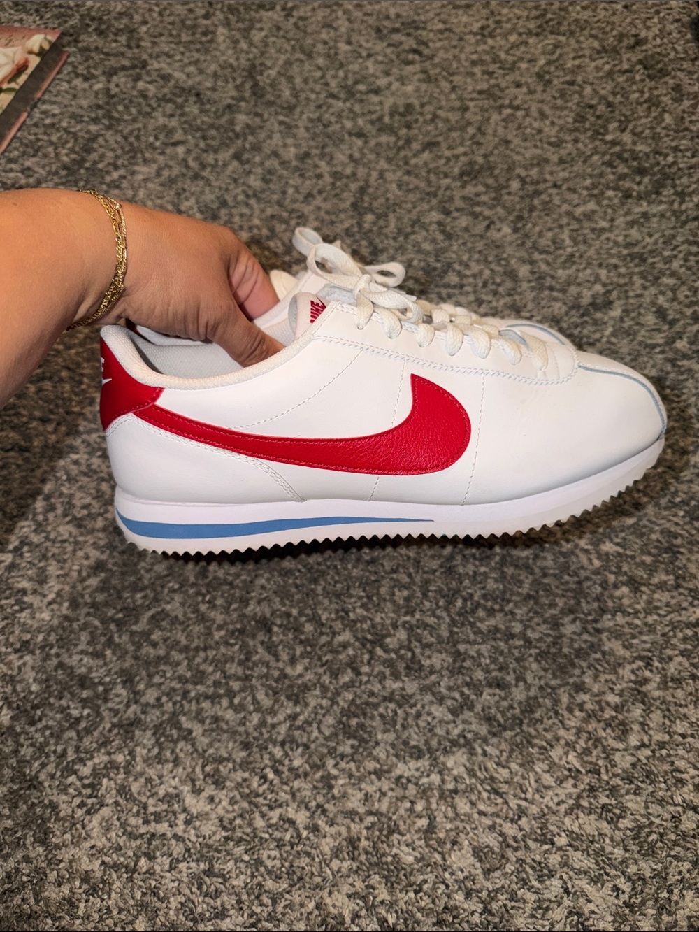 Nike Cortez White Leather Sneakers with Red Swoosh and Blue Insole - Picture 5 of 6